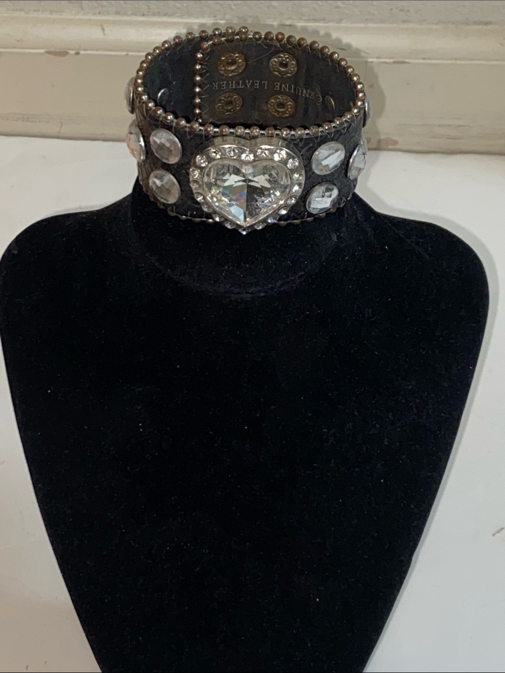 Heart Faux Crystal Studded Leather Cuff Bracelet - Black with Clear Gems Unisex